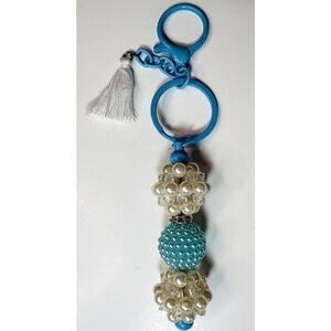 Vintage Handmade Blue Beaded Keychain – 6” Bag Charm with White Bubble Beads -vn